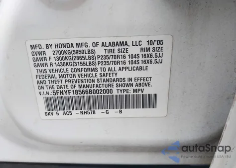 2006 Honda Pilot Ex-L from USA, damaged, VIN 5FNYF18566B002000
